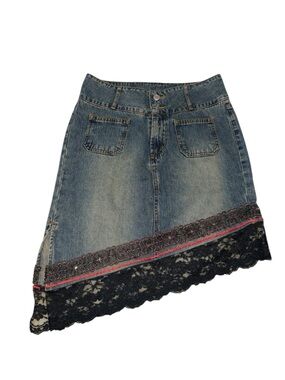 Vintage Paris Blues Asymmetrical Denim Skirt Size 1 Y2K Lace Trim Low Rise Mini
